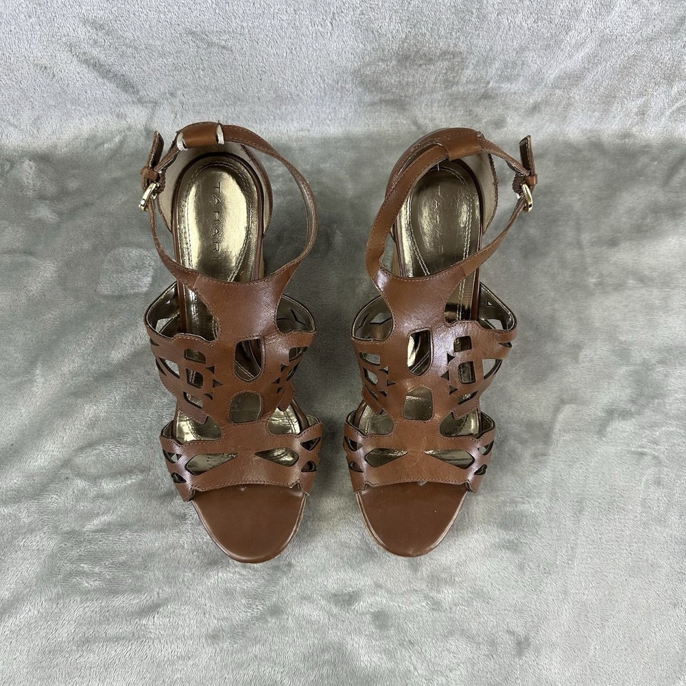 Tahari Women's 10 Brown Tan Leather Cork Wedge Open Toe Strappy Lazer Cutout - Picture 2 of 10
